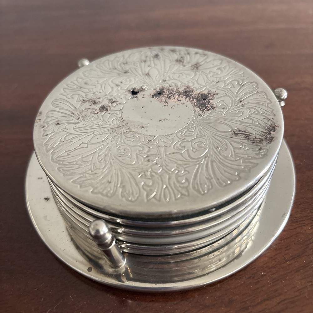 Vintage Silver Plated Coaster Set 6 Piece With Holder Engraved Tableware