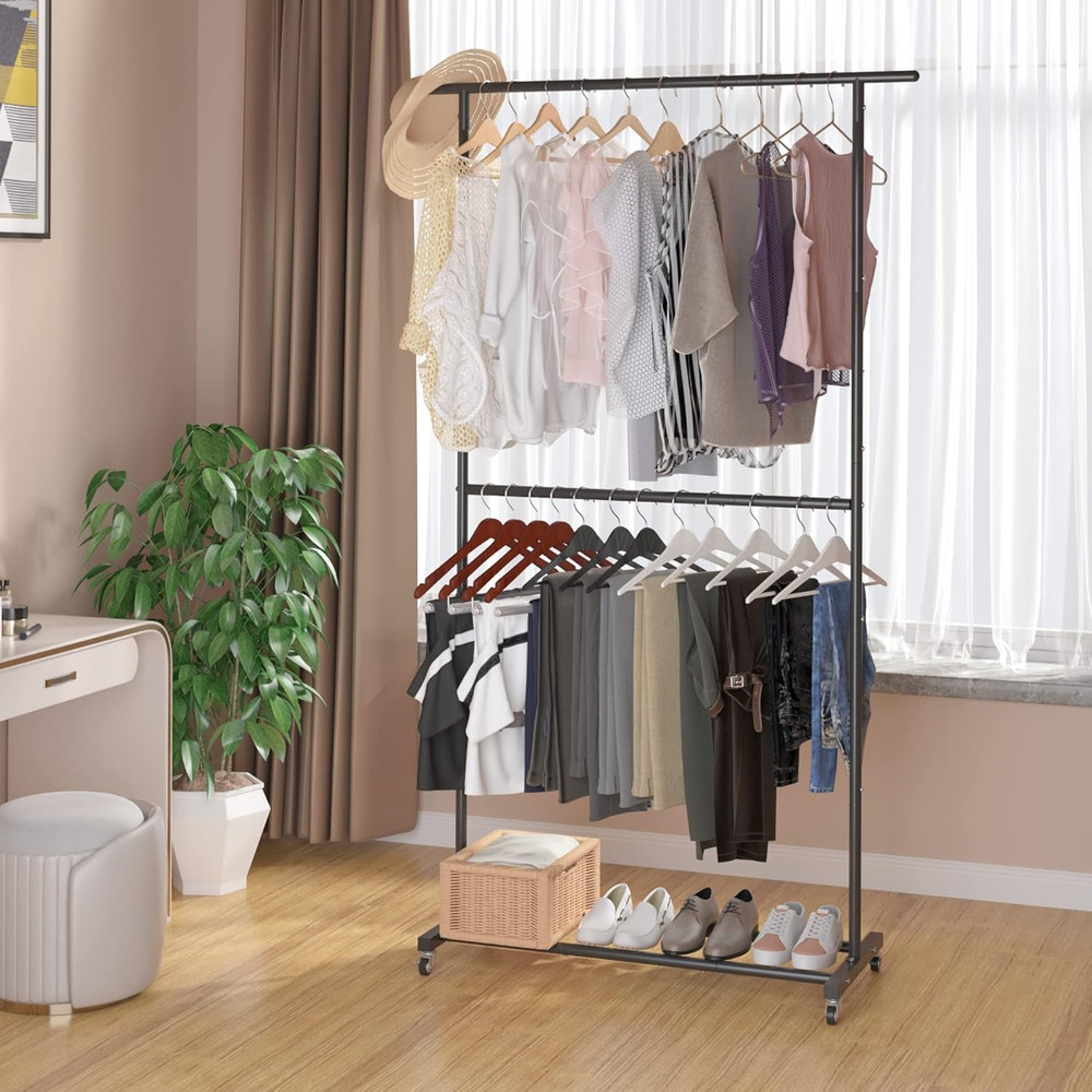 Double Rod Garment Rack Rolling Clothes Organizer Adjustable Metal On Wheels