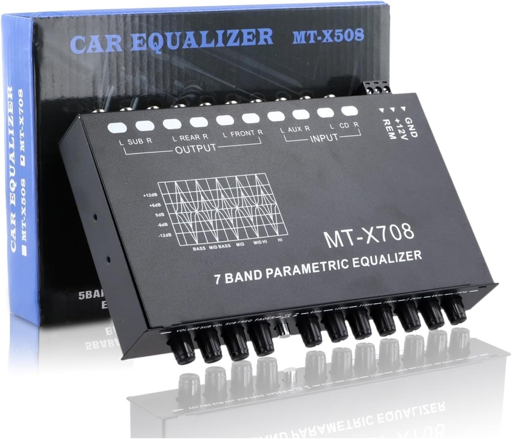 7-Band Car Audio Equalizer with Subwoofer Outputs, Adjustable Dials, Compact ...