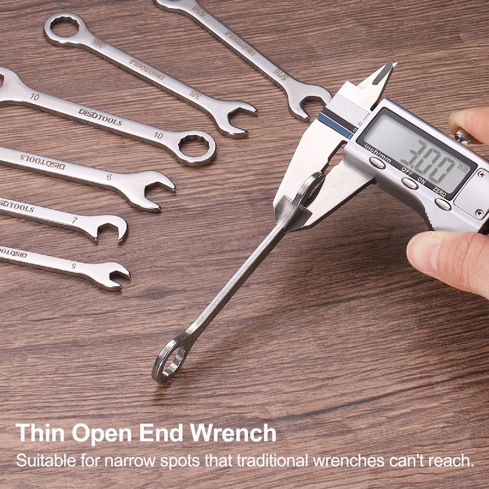 Thin Combination Wrench 3/8" with 12-Point Ended 15°Angled Open End