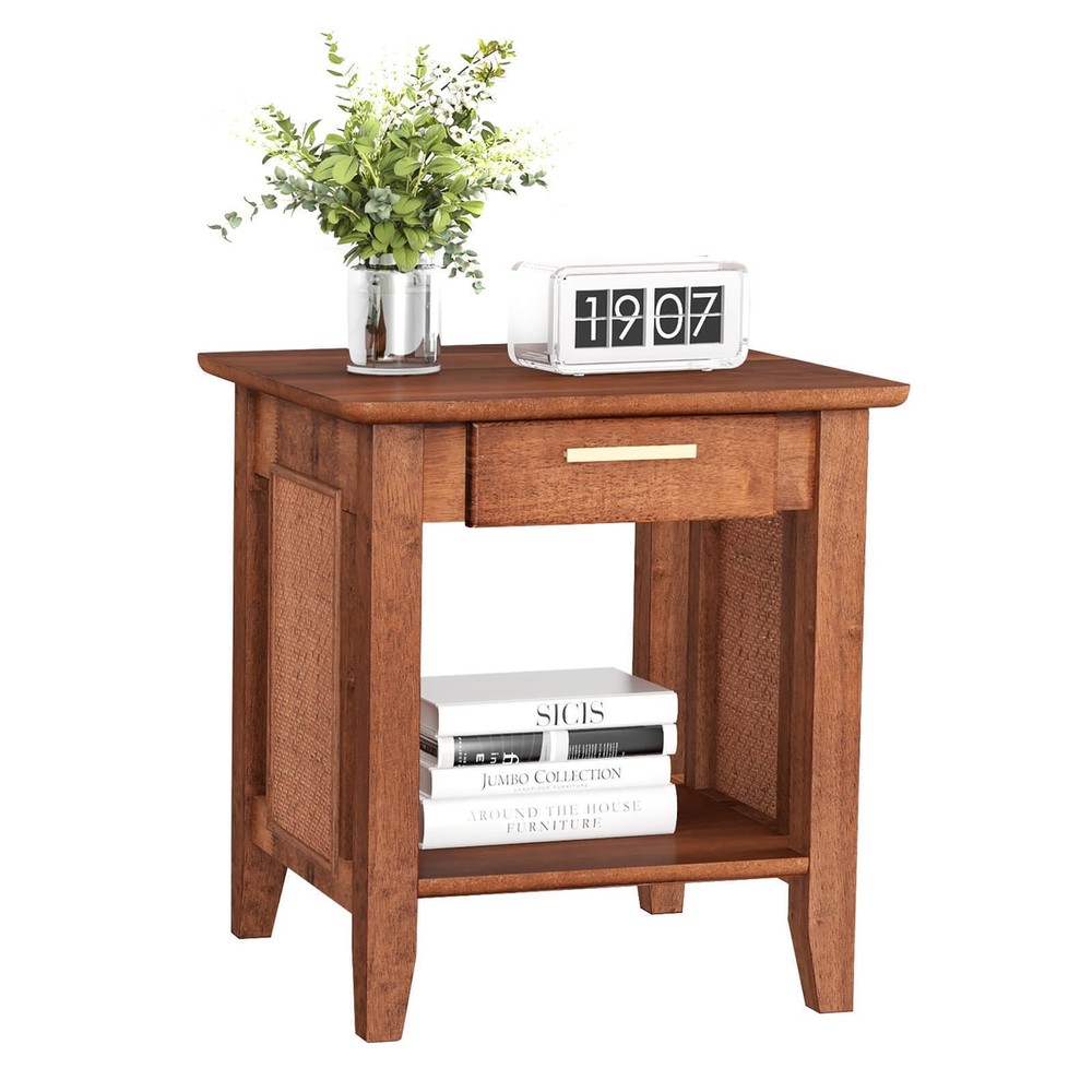 Boho Style Nightstand 3-Tier Sofa Side End Table w/ Drawer & Shelf Walnut