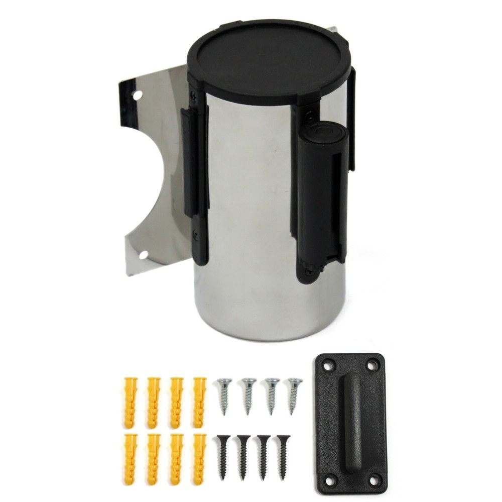 Wall Mount 16ft Retractable Barrier Belt Queue Ribbon Post Strap Rope Stainless
