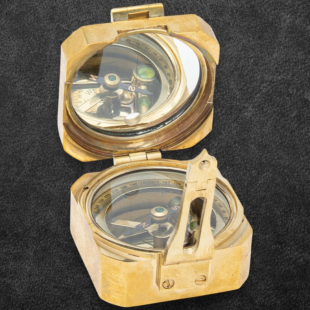 Brass Square Case Compass | 3" Wooden Display Box | 2" Brunton Working Compass