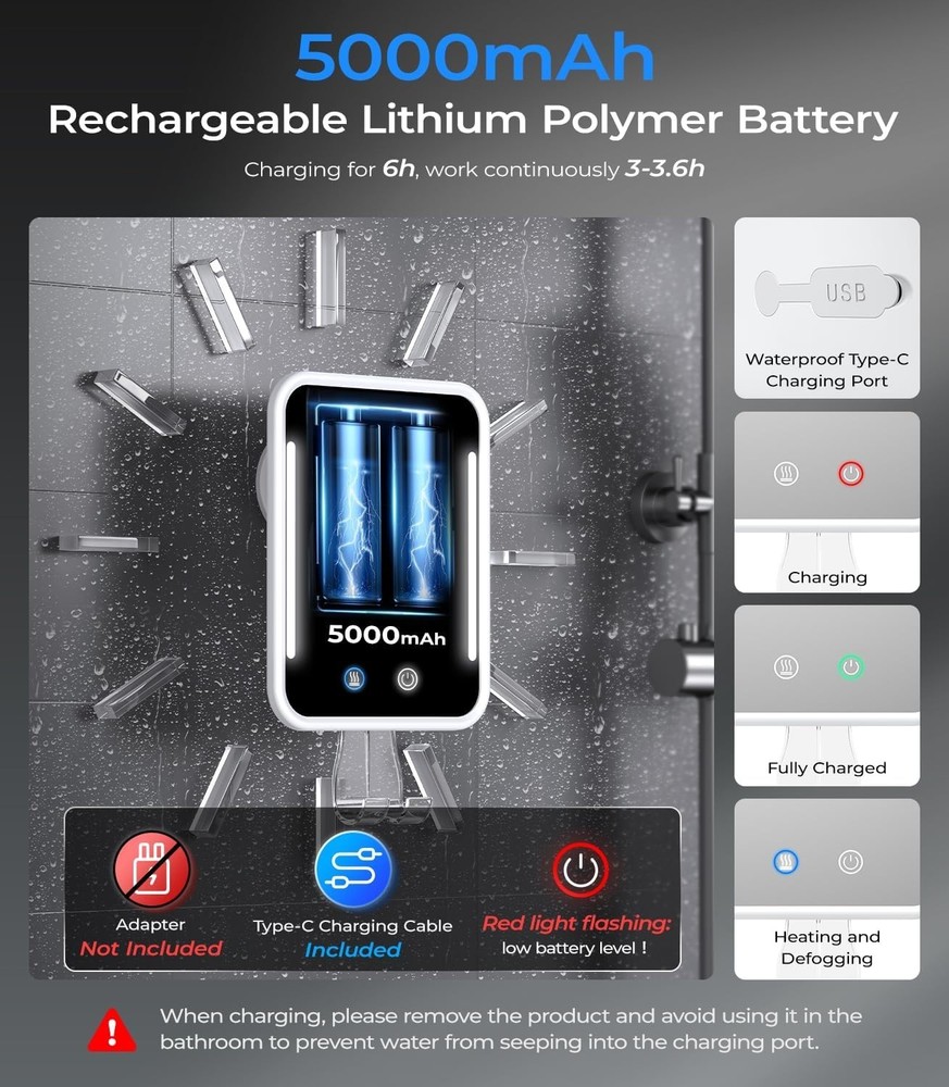 Fogless Shower Mirror with Light Rechargeable Battery Waterproof Wall Mount