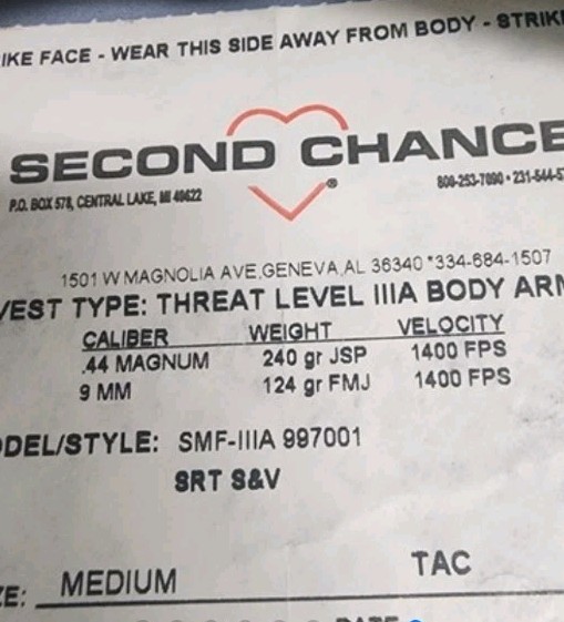 Medium Second Chance SMF-IIIA Body Soft Armor Vest