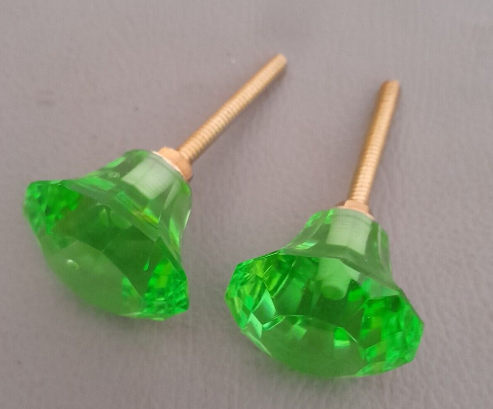 vtg Light green victorian diamond cut glass drawer knob handle pull 2PC