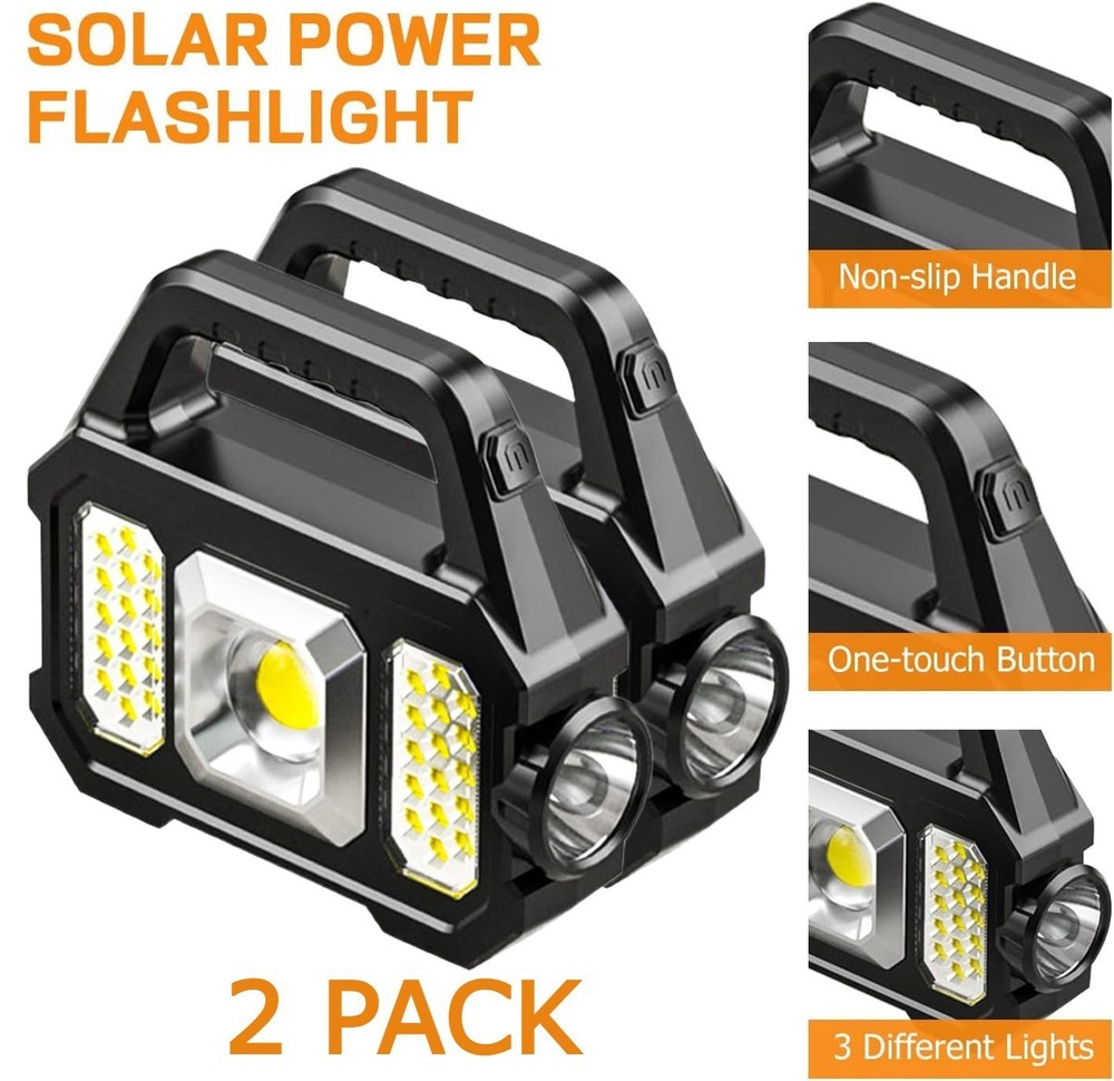 2x Waterproof LED Flashlight 🌟 Solar USB Rechargeable Torch for Camping