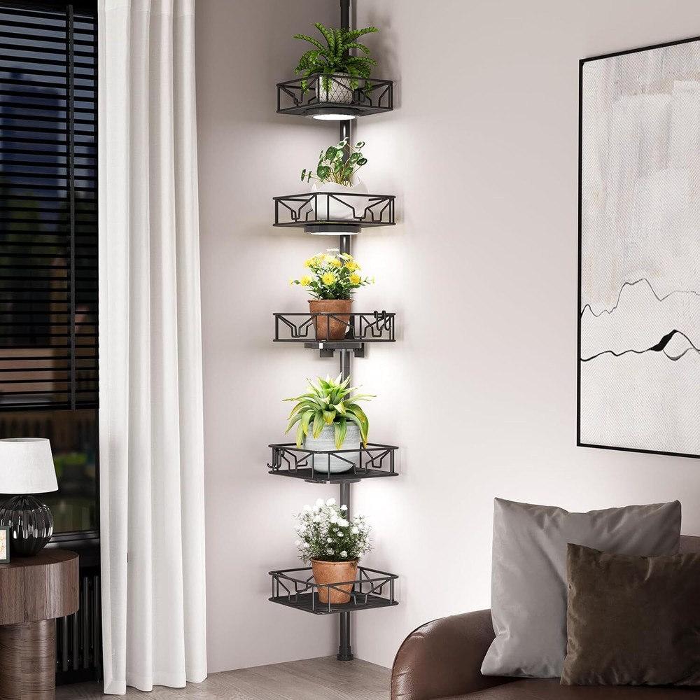 Adjustable Corner Shower Basin Organizer with Hooks,Rustproof Tension Rods