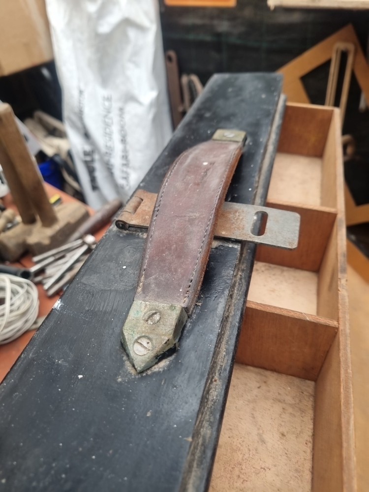 Wooden carpenters toolbox leather handle