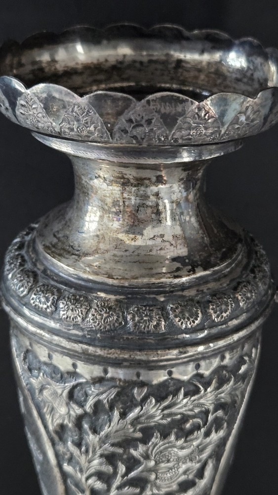Large Genuine Antique Middle Eastern Solid Silver Vase Tree Of Life Design