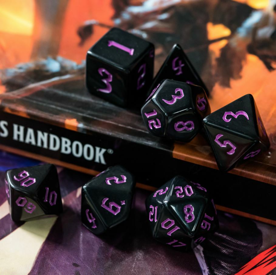 Purple Orcish Script Dice Set Poly RPG DnD Dungeons Dragons AD&D Pathfinder