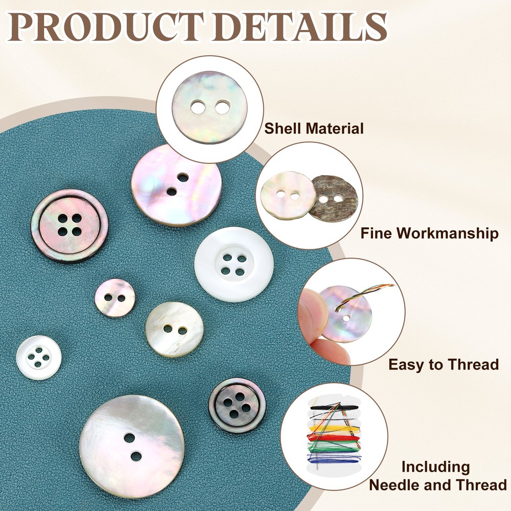 50Pcs 2 Hole 9mm Natural Shell Button with Sewing Thread Kit, Brown/Beige