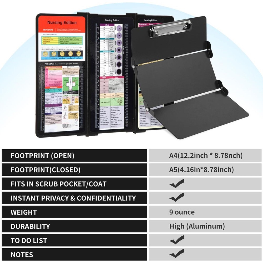 Foldable Aluminum Nursing Clipboard with Cheat Sheets - Black Letter Size 30 ...