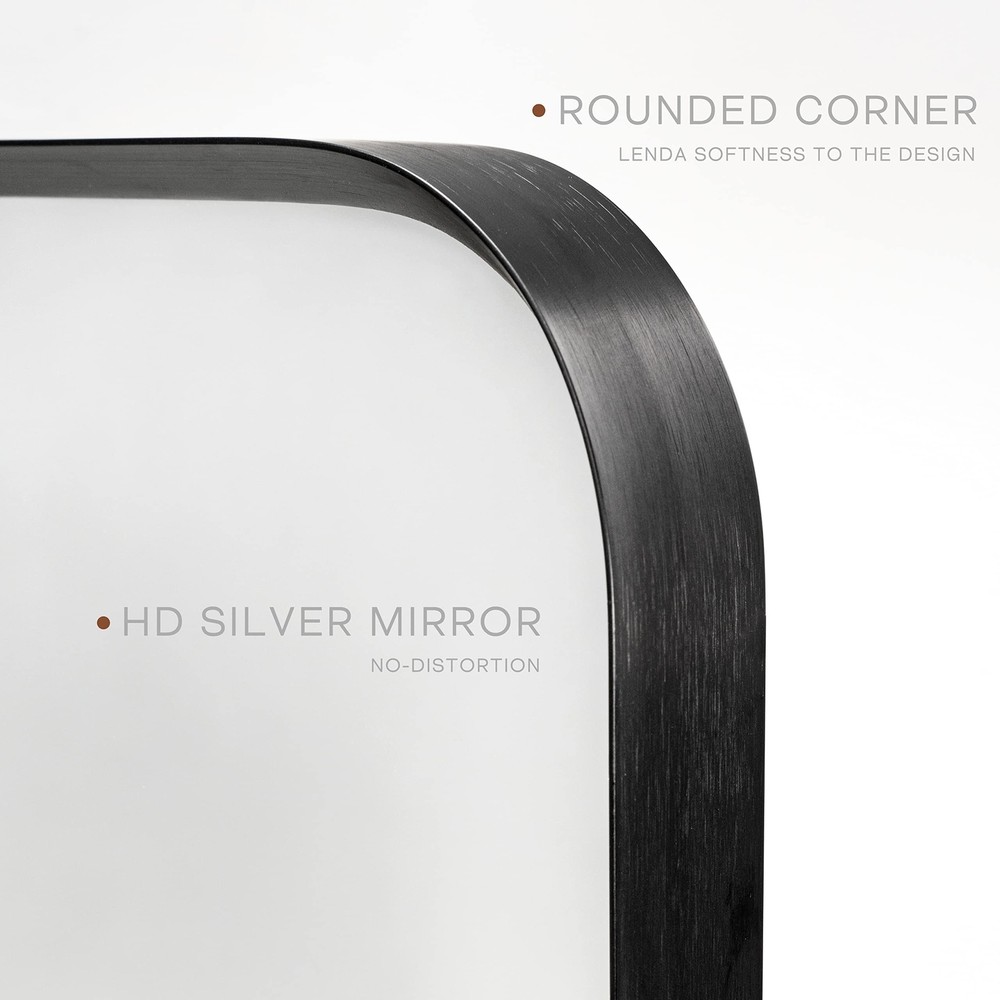 Wall Mount Mirror for Bathroom, Brush Black Metal Framed Rounded Corner Recta...