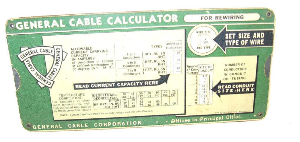 1940 General Cable Calculator Current Cap./Wire, Conduit Sizes New Work/Rewiring