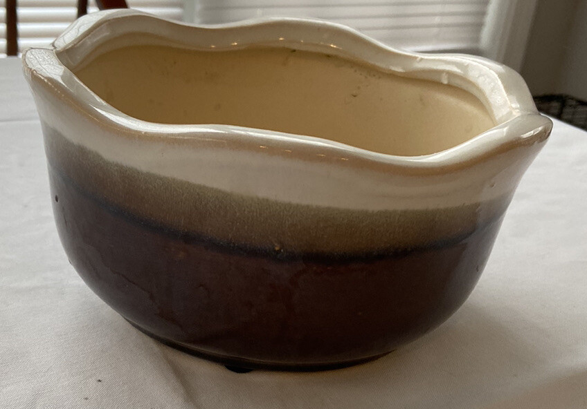 Rolling Edge Stoneware Planter Dish Bowl Brown MCM 7.5”