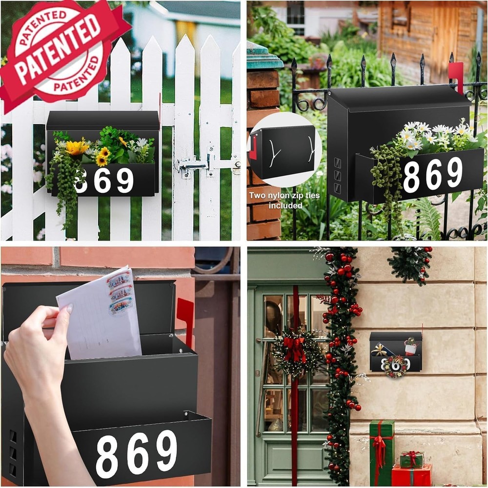 Wall-Mount Mailbox with Flag, Large Capacity Mailboxes for Large, Black