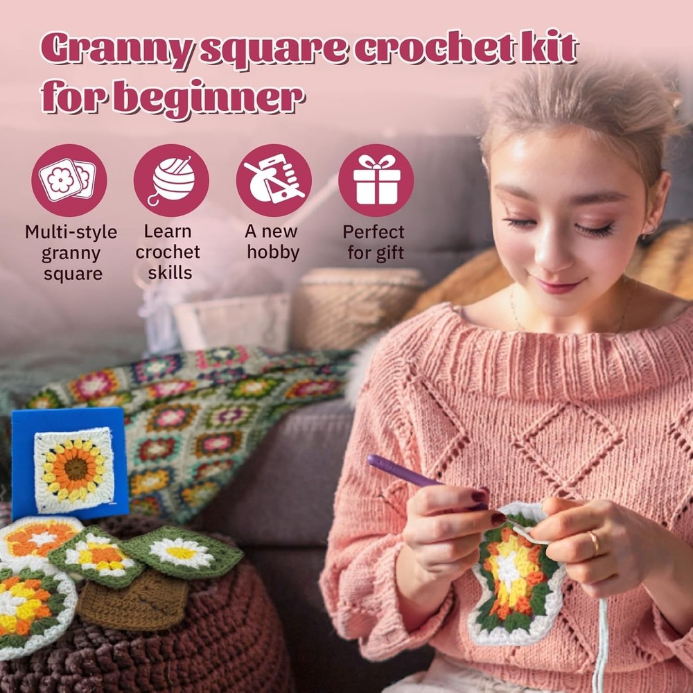 Crochet Kit for Advanced Beginners with Step-by-Step Video Tutorials, Granny Squ