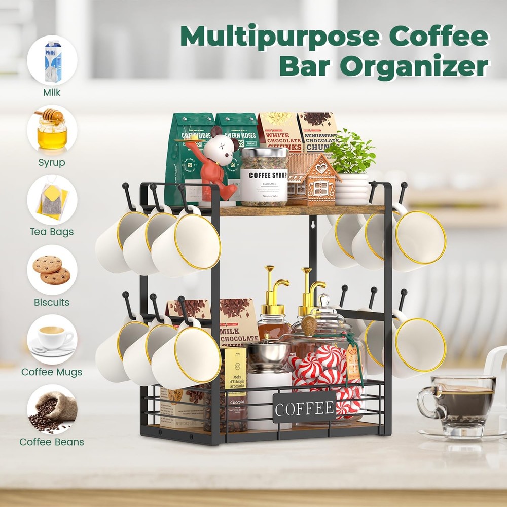 Coffee Mug Cup Holder Tree Bar Station Organizer, 2 Tier Mug Stand Rack for C...