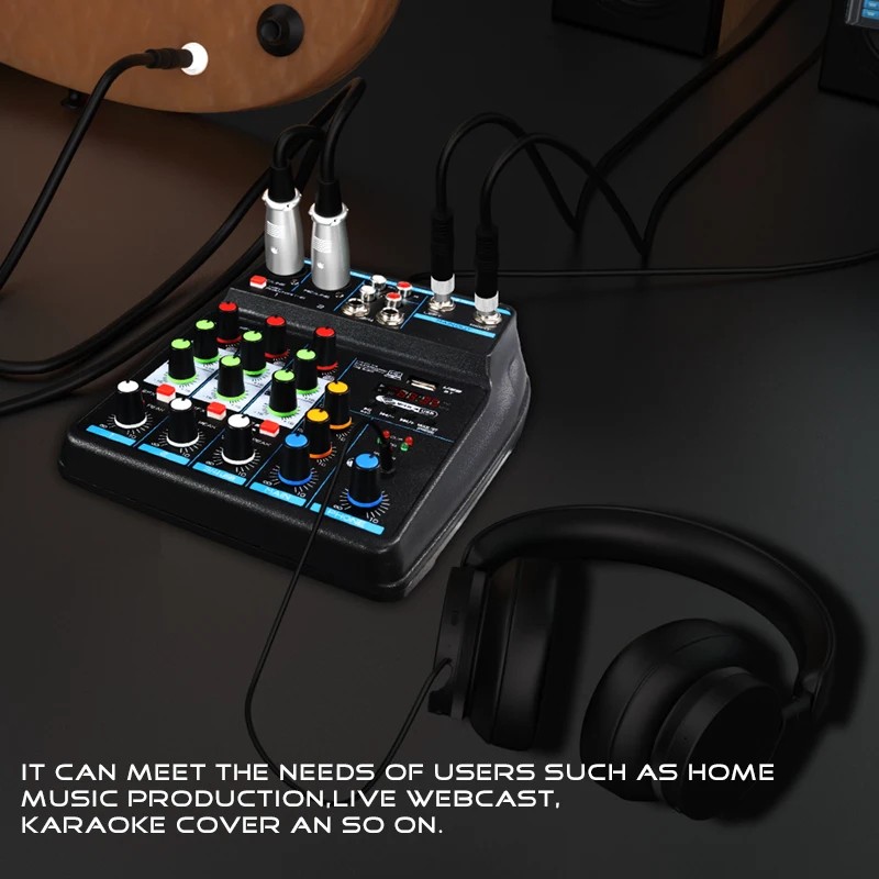 4 Channel DJ Mixer with Bluetooth, 48V Phantom Power, USB Interface, Karaoke