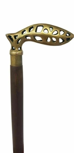 Victorian Walking Stick Wooden Cane Brass Leaf Design Solid Head Handle Gift