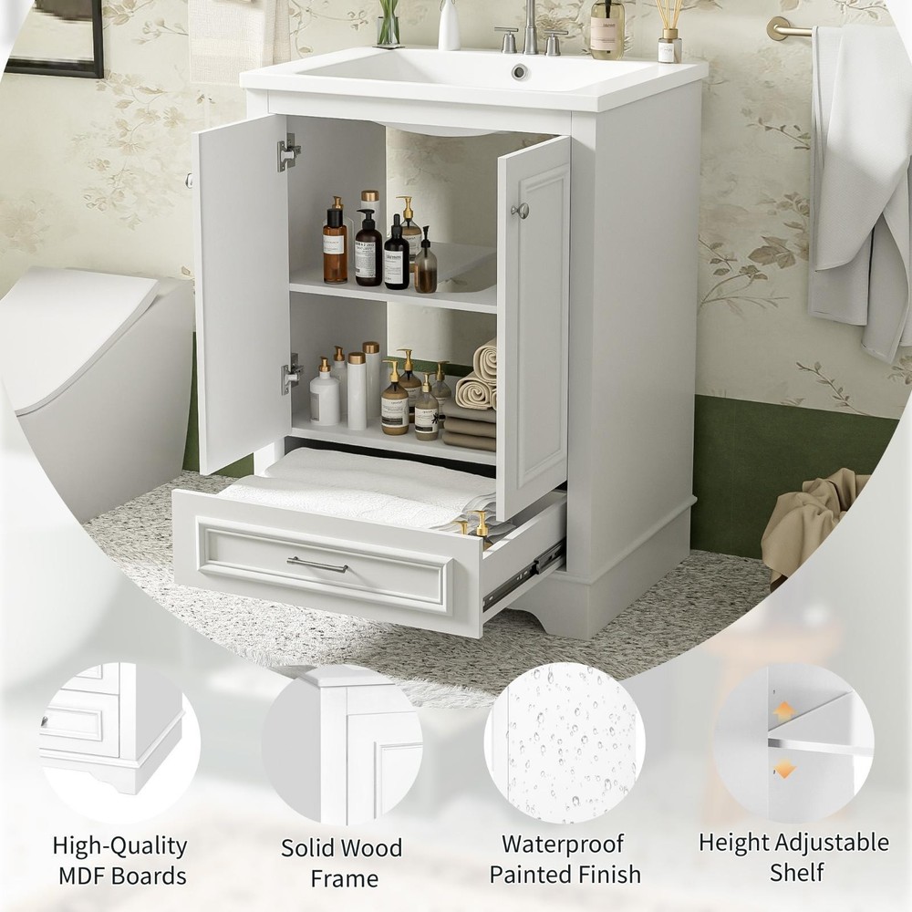 24'' Bathroom Vanity with Ceramic Sink Combo, Solid Wood Frame, Adjustable