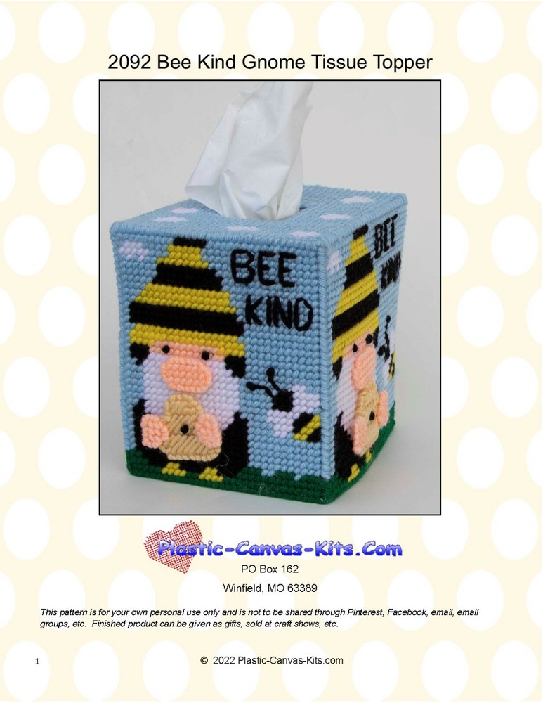Bee Kind Gnome Tissue Topper-Plastic Canvas Pattern or Kit