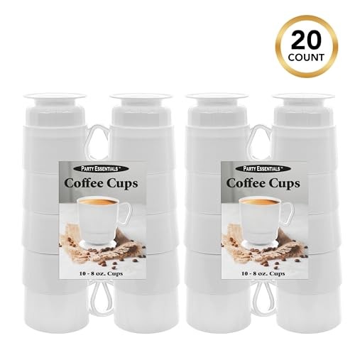8-Ounce Hard Plastic Coffee Cup/Tea Mug with Handle 20-Count Deluxe White