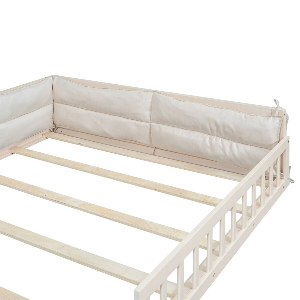 Full Size Bed Frame Upholstered Platform Bed Frame w/ Headboard Beige US
