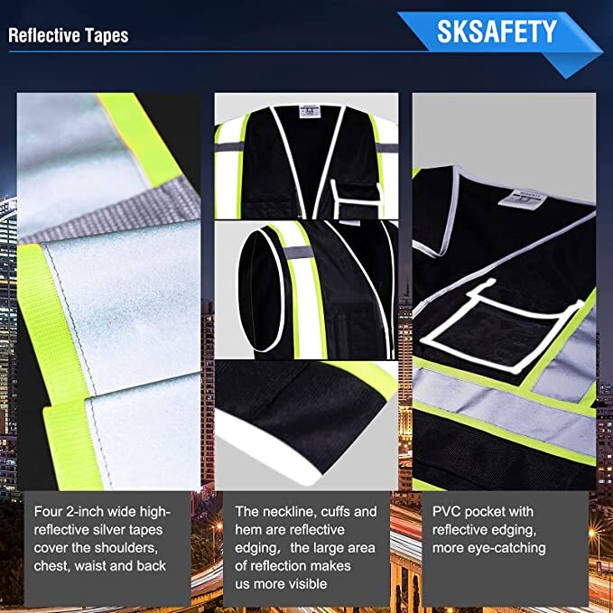 Hi Visibility Reflective Black Safety Vest /Solid knit Fabric front and back