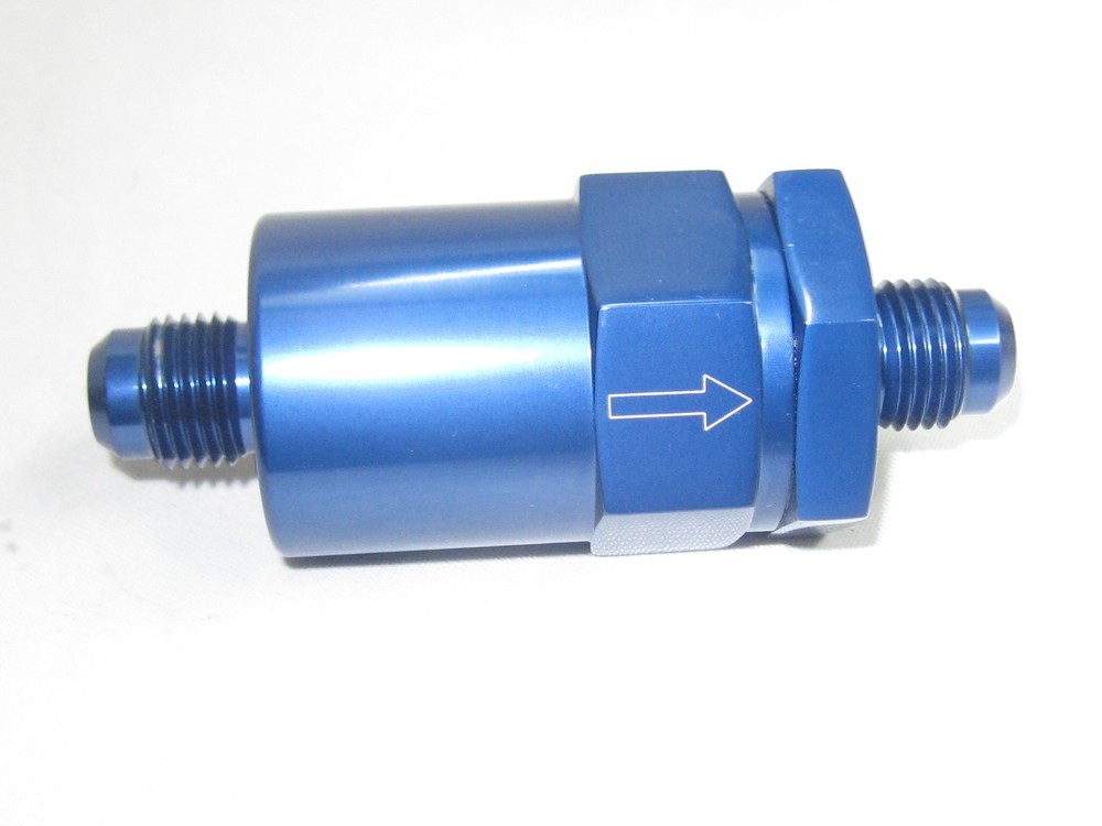 06 an  Show  Polished Fuel Filter, inline cleanable element  Blue anodized Alum