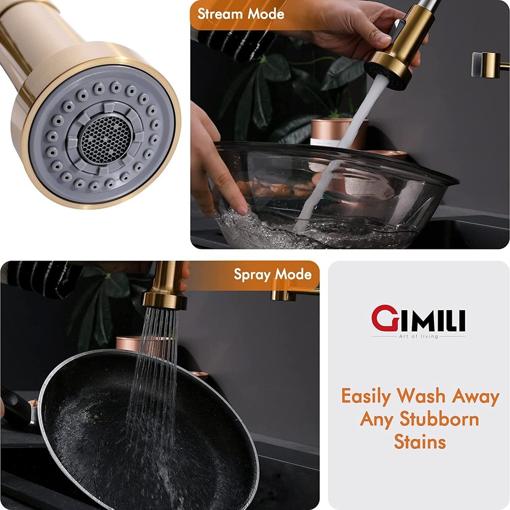 Brushed Gold Spring Kitchen Sink Faucet Pull Down Sprayer Swivel Single Handle