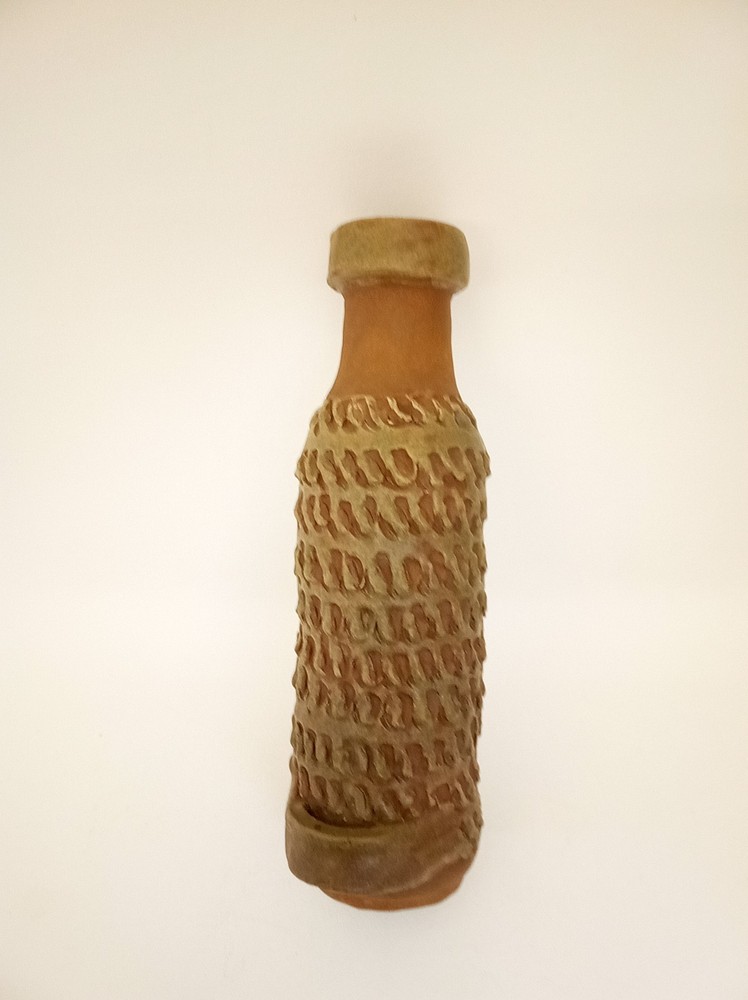 Vintage abstract pottery pitcher urn vase rough surface handle artisan 11.75"