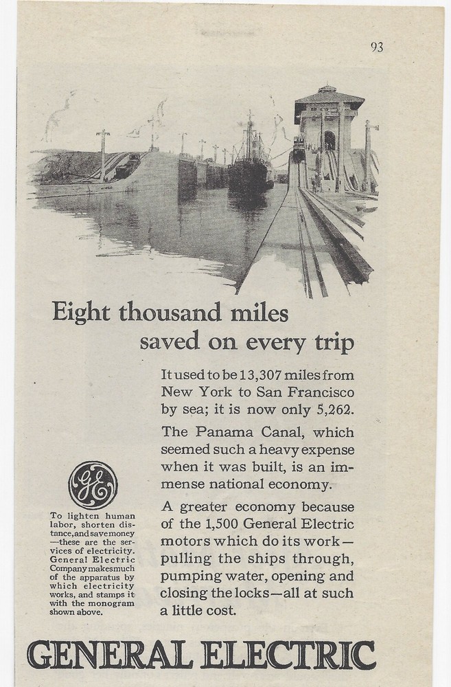 1924 General Electric Print Ad Pulling Ship Panama Canal