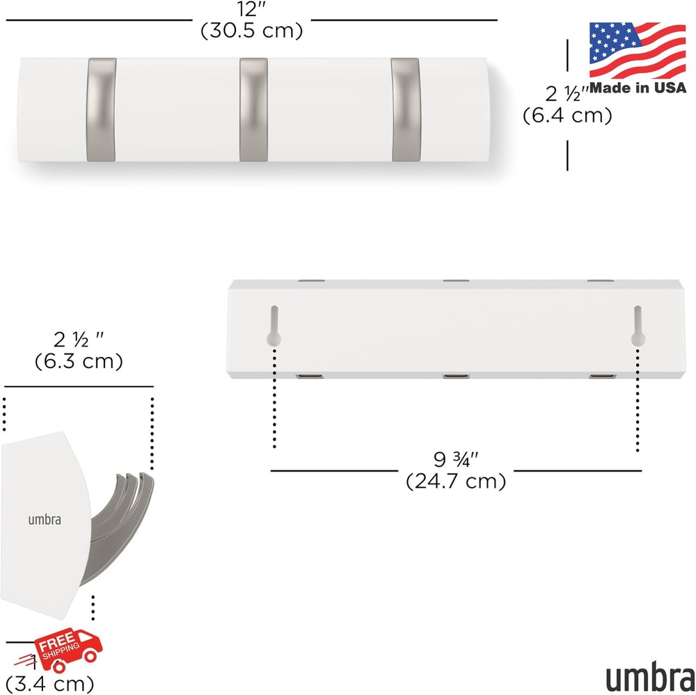 Umbra Flip Wall Mount Coat Rack 3 Hooks White Nickel Space Saving