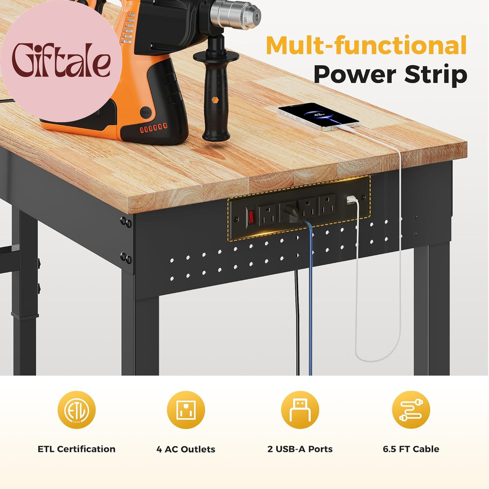 60" Adjustable Heavy Duty Workbench, 2000 LBS Load Capacity Rubber Wood Work Tab