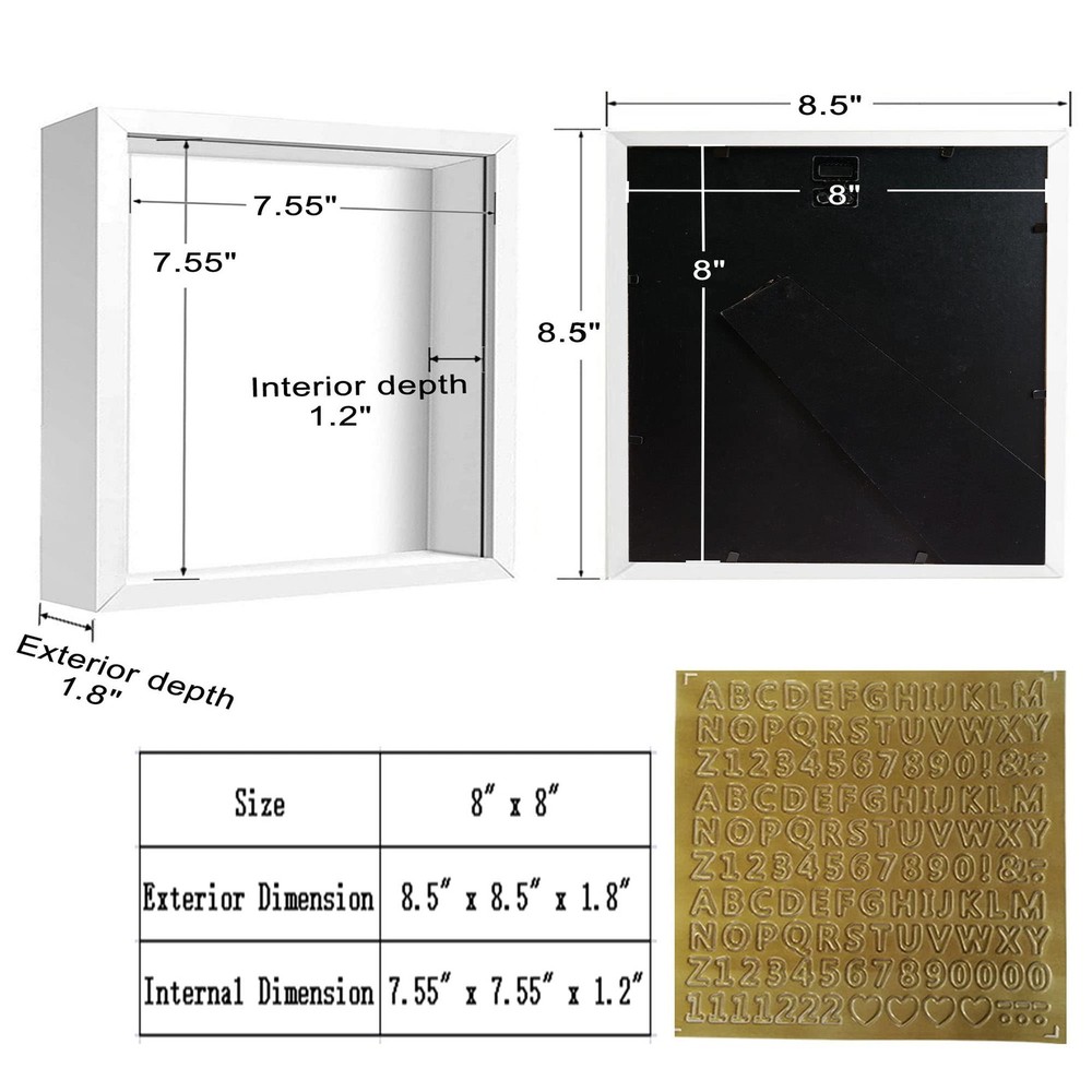 8X8 White Shadow Box Frame Display Case With Acrylic Front And Gift Stickers