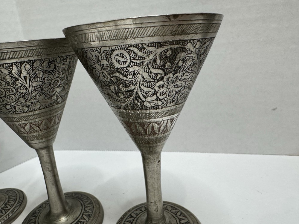 6 Vintage Small Solid Etched Brass Silver Wine Goblets/Whiskey Cups