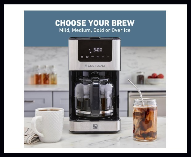 West Bend Drip Coffee Maker Brews Hot or Iced, Programmable with Brew Silver
