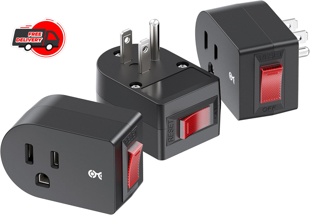 3 Pack Grounded Outlet With ON Off Switch Single Plug In Power Button Black NEW