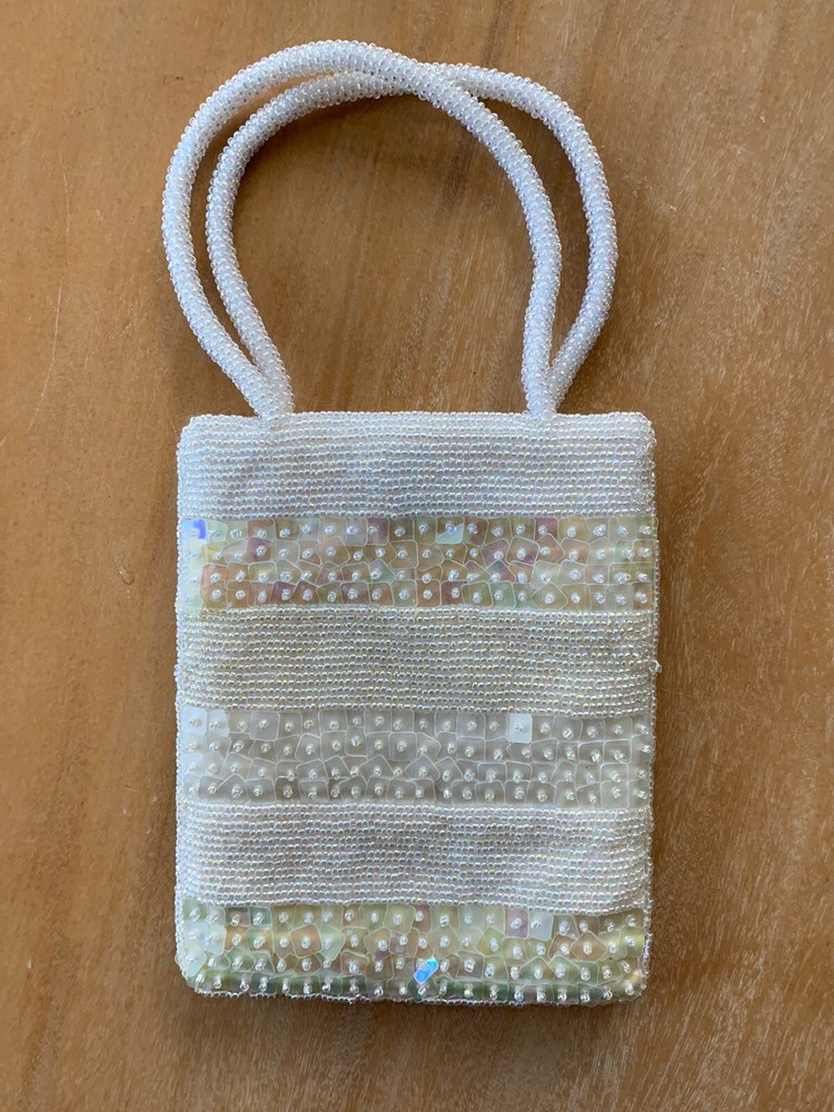 Unbranded Cream Sequin Beaded Handbag With Satin Lining