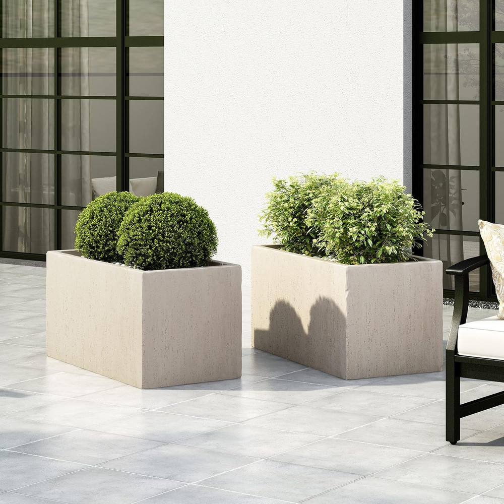 Modern White Cast Stone Rectangular Planters - Set of 2 for Outdoor Use