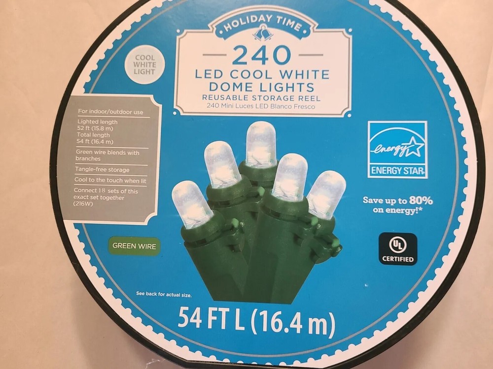 LED Dome Lights Holiday Time 240 Cool White String Light 54ft Green Wire NEW
