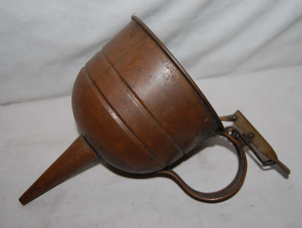 Vintage Garage Copper Strainer Funnel with Handle & Trigger Stopper