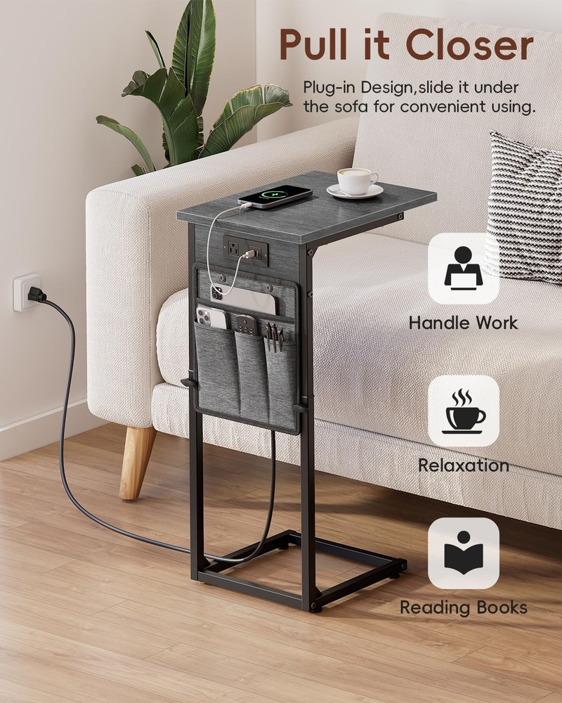 Vagusicc C Shaped End Table with Charging Station, C Table End Table Adjustable