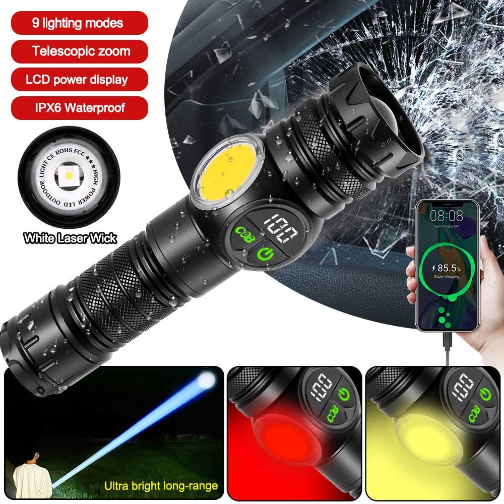 Laser White LED Flashlight Torch COB Yellow Red Camping Light Zoom USB Charging
