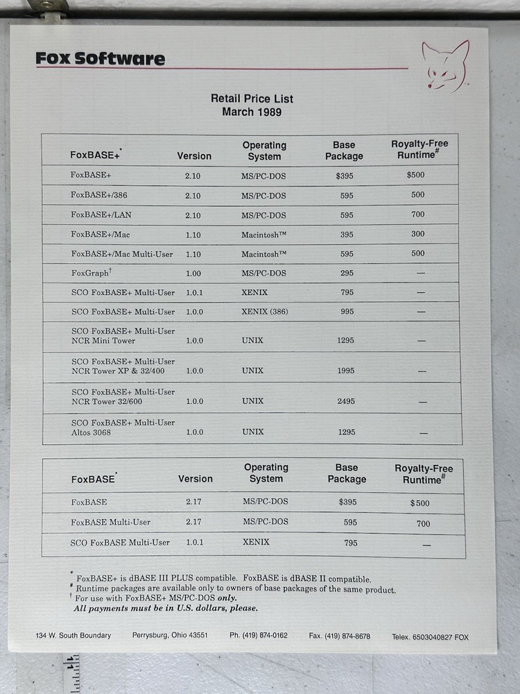 1989 FoxBASE+ Mac PC Price List Promo Pack Fox Software Database History