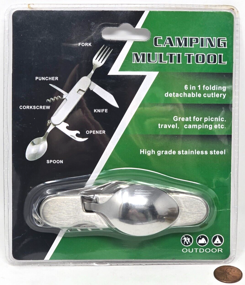 Camping Multi Tool Pocket Size Spoon Fork Knife Can Bottle Opener Corkscrew NEW
