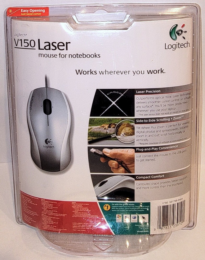 (New Sealed) LOGITECH V150 Laser Mouse Notebook 3 Button Scroll Wheel USB PC MAC