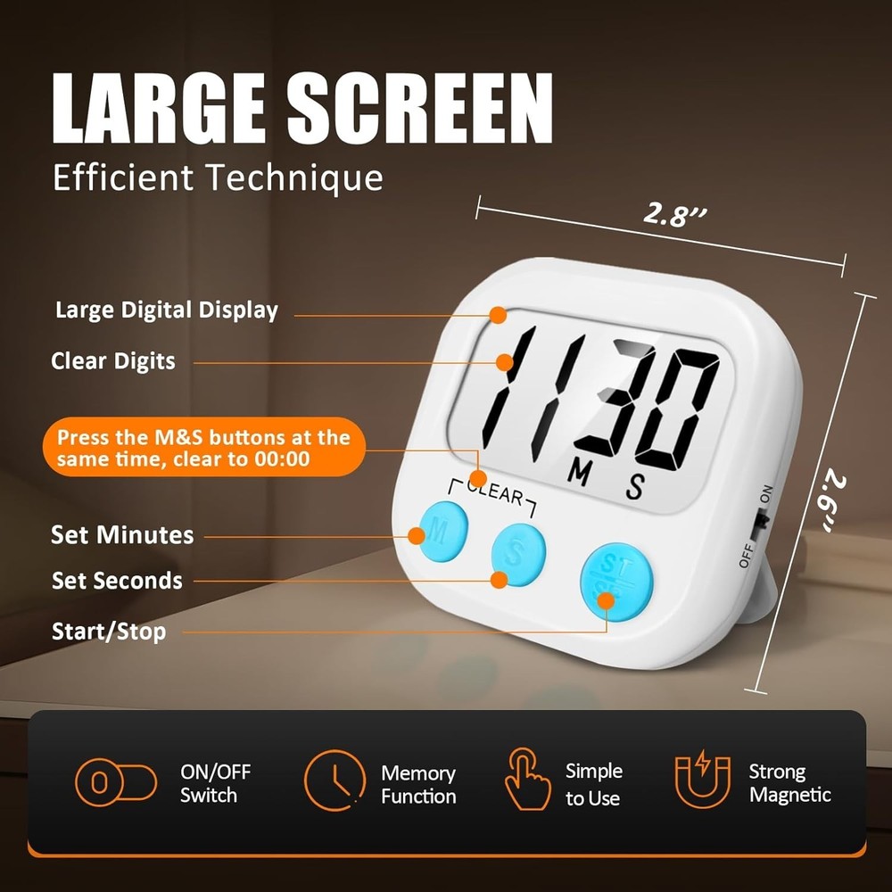 Loud Alarm Digital Kitchen Timer 2-Pack with Memory Settings & Magnetic Back